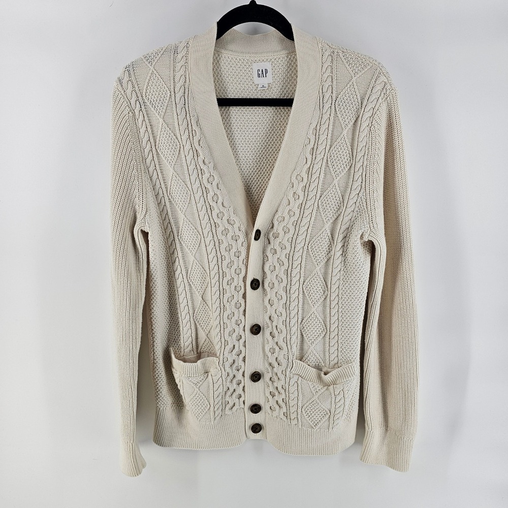 Gap Cable Cardigan Mens M Ivory Frost Cotton Knit Button Front V-Neck Fisherman
